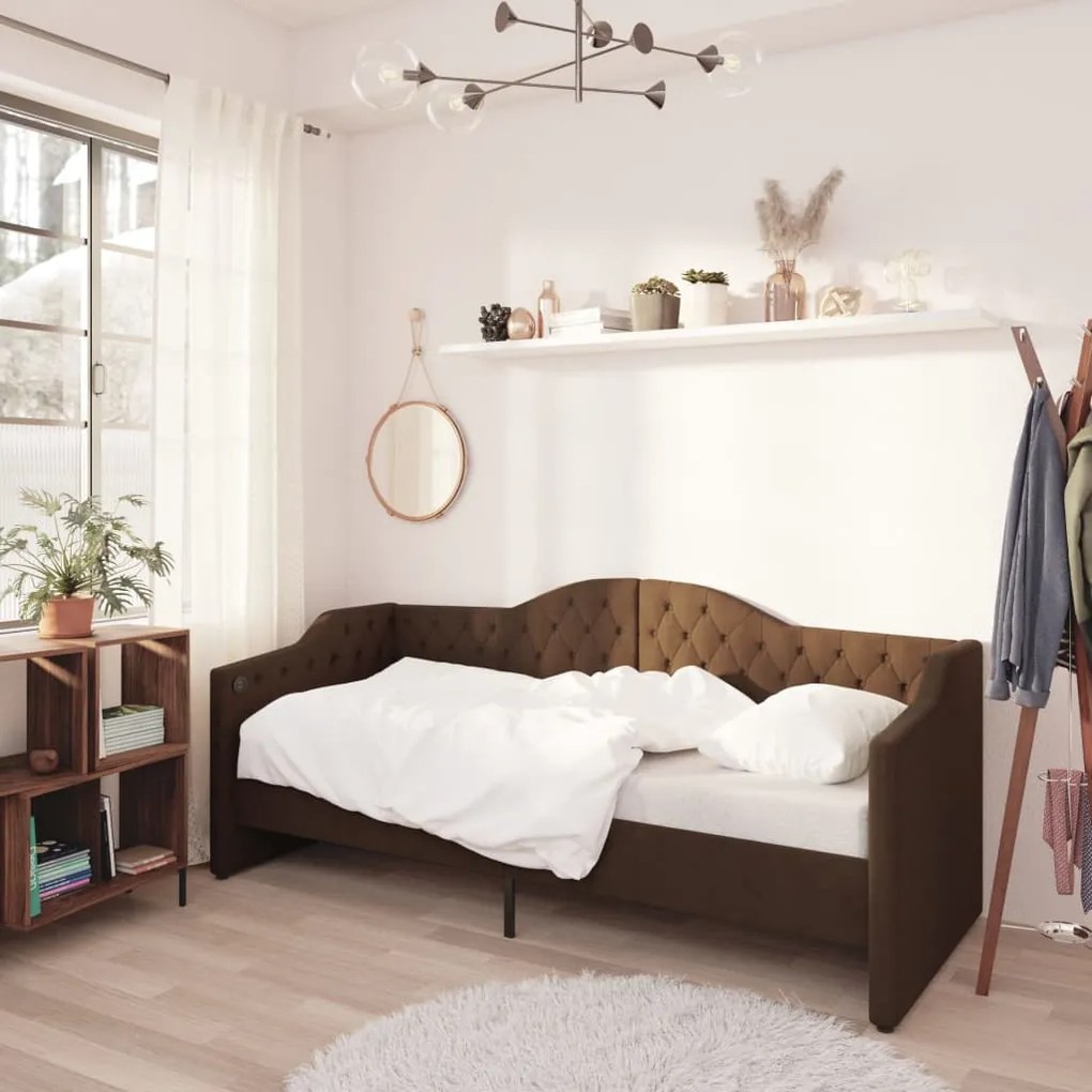 3080287 vidaXL Sofá-cama + colchão e saída USB 90x200cm tecido castanho-escuro