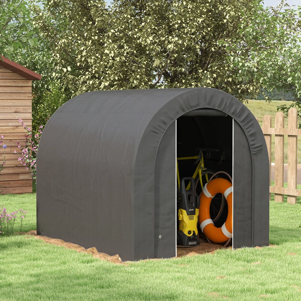 Abrigo de jardim em Lona, tenda de arrumação exterior, abrigo para bicicletas, garagem para bicicletas, lona em PE e metal, 2,4 x 1,8 x 1,9 m, cinzent