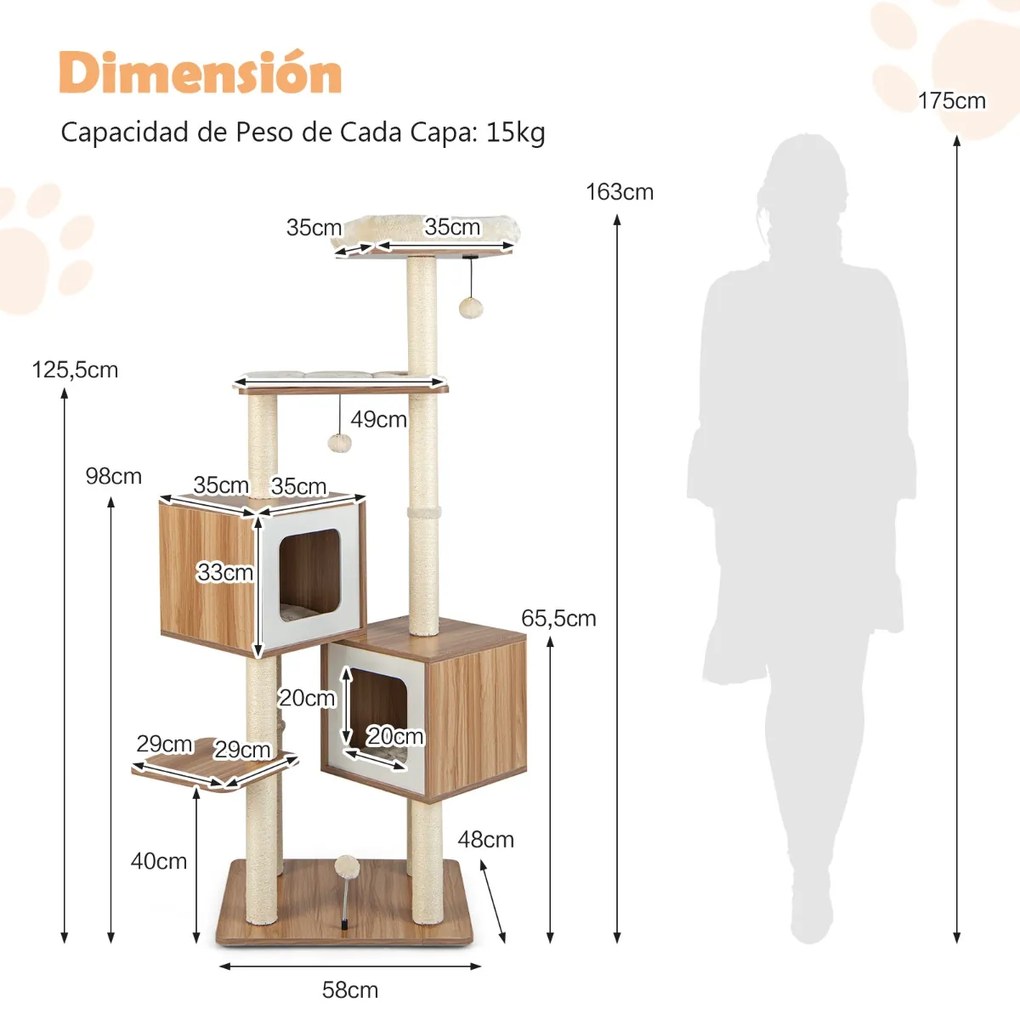 Arranhador para gatos com 2 cavernas e almofadas laváveis Centro de actividades multicamadas 58 x 65,5 x 163 cm Natural