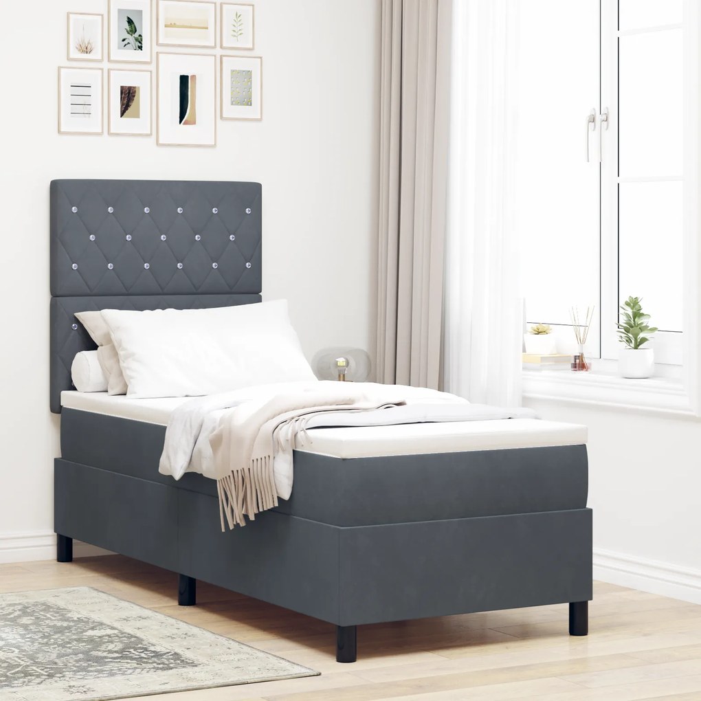 Cama Box Spring com Colchão &amp; LED Cinza Escuro 80x200 cm Veludo