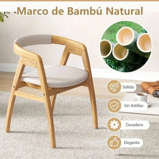 Cadeira de bambu com encosto curvo e almofada de assento estofada para sala de estar/jantar natural