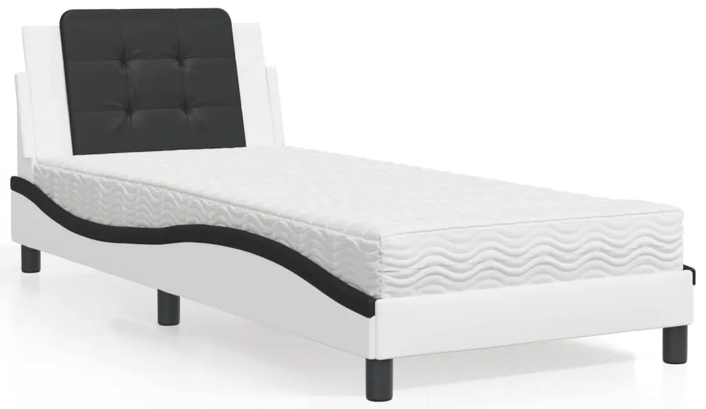 Cama com colchão 90x190 cm couro artificial preto e branco