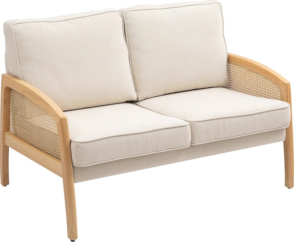 HOMCOM Sofá de 2 Lugares Estofado em Chenille com 2 Almofadas Laváveis e Apoio para os Braços em Vime Sintético 123x75x88 cm Bege | Aosom Portugal