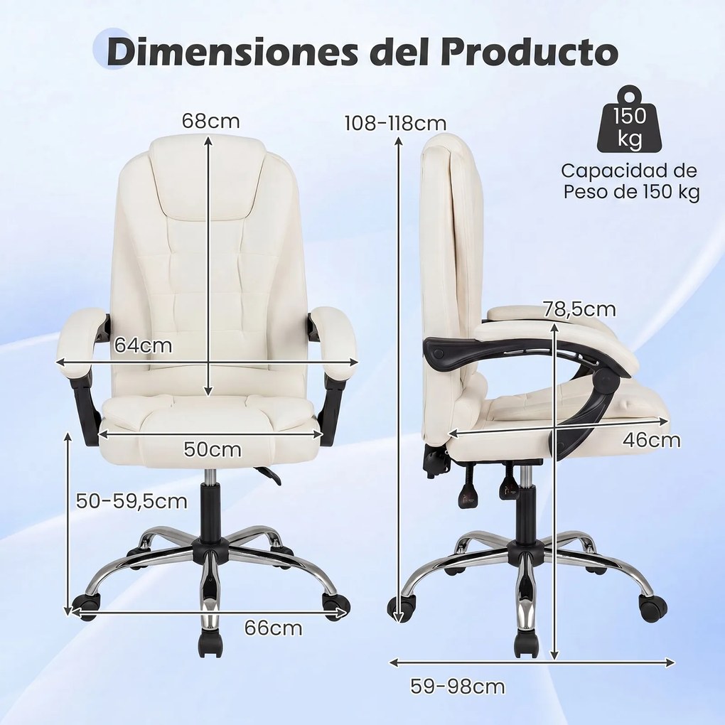 Cadeira de Escritório Ergonómica, 66 x 59-98 x 108-118 cm, Encosto Reclinável de 90-135°, Bege
