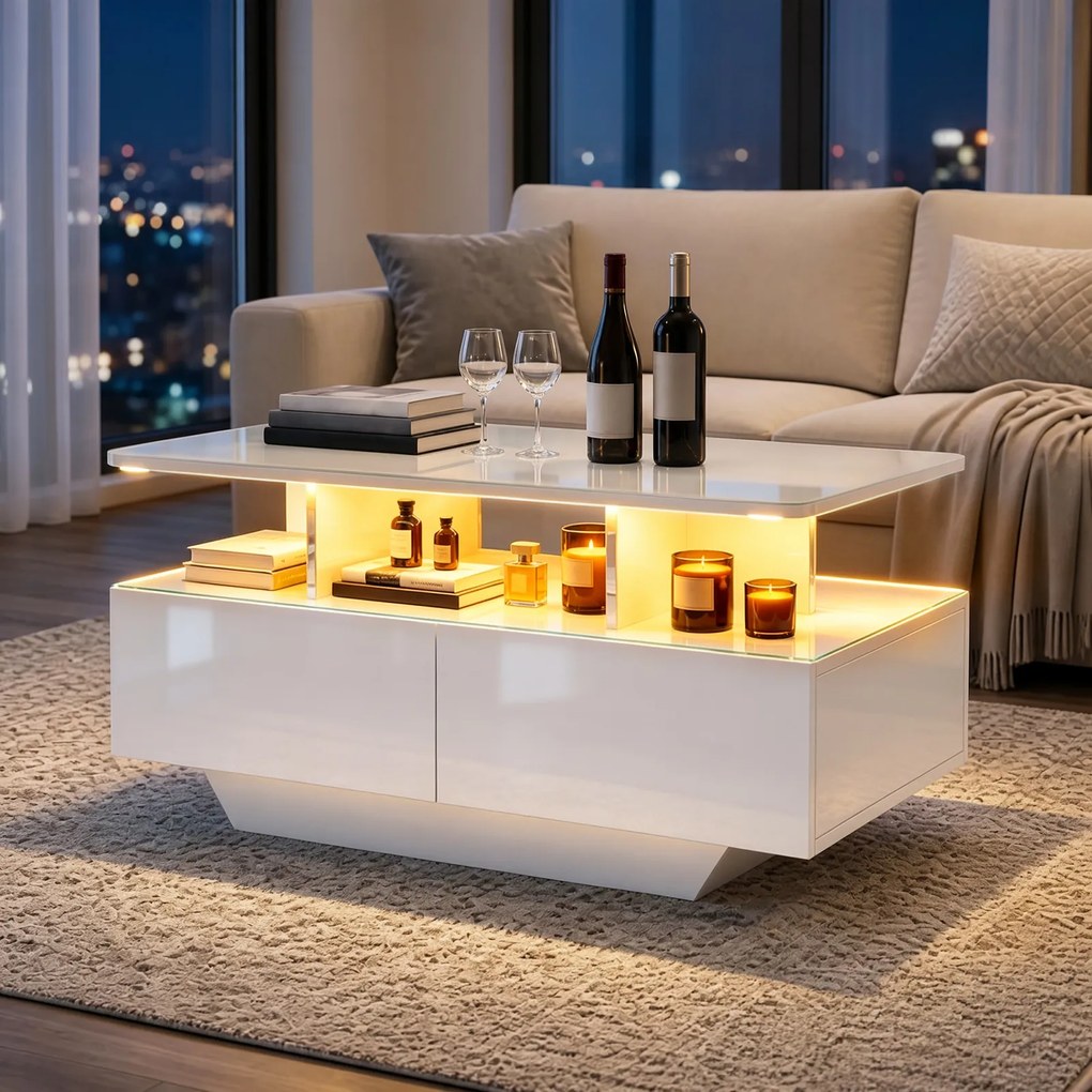 Mesa de Centro, 90 x 55 x 45,5 cm, Iluminação LED Regulável, Branco