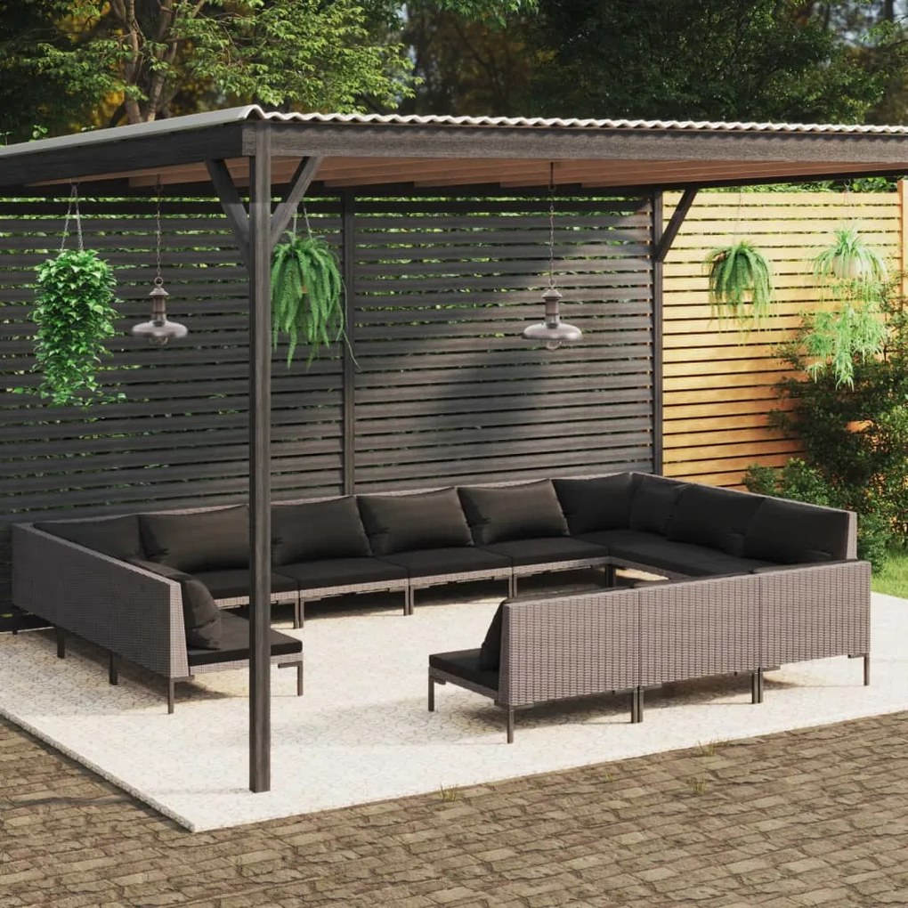 vidaXL 13 pcs conj. lounge jardim c/ almofadões vime PE cinza-escuro