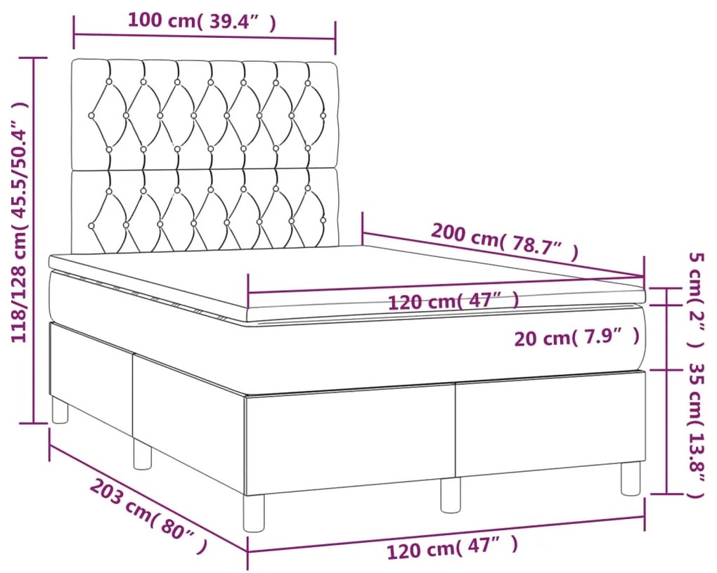 Cama box spring c/ colchão/LED 120x200 cm veludo cinzento-claro