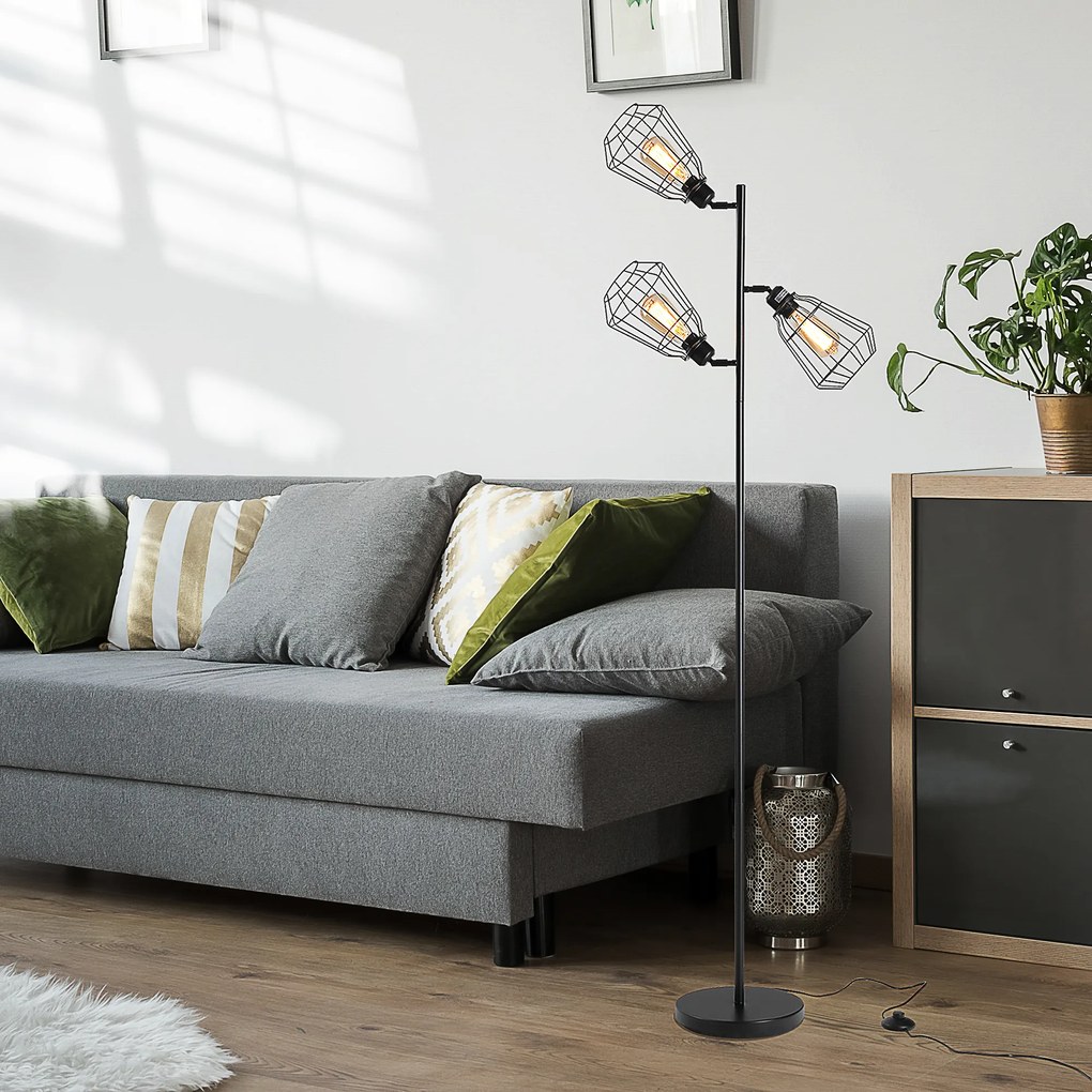 Candeeiro de pé de design industrial, 3 lâmpadas, máx. 40 W, abajur em forma de gaiola de metal preto