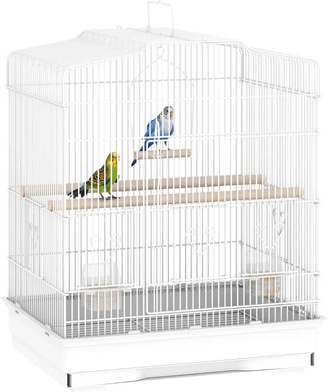 Gaiola para Pássaros de Aço com 2 Comedouros 2 Poleiros Baloiço e Bandeja Removível Pega 46,5x36x59 cm Branco