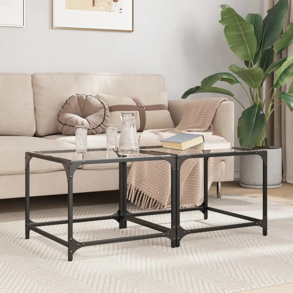 vidaXL Mesas de centro c/ topo vidro transparente 2 pcs 50x50x40cm aço