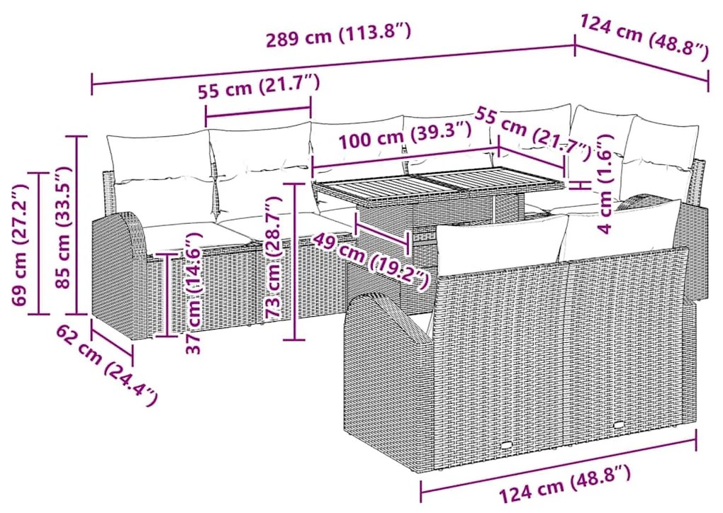 Conjunto de Jantar de Jardim com 9 Peças e Almofadas Cinzas, Poliratta