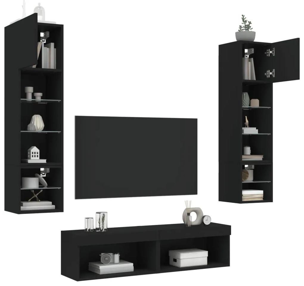 6pcs móveis de parede p/ TV c/ LEDs derivados de madeira preto