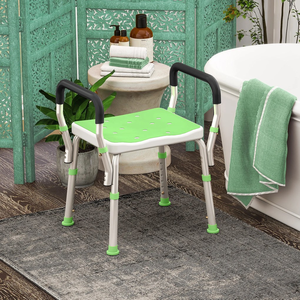 Banco de duche para idosos e pessoas com deficiência, com braços de apoio, altura ajustável, pés antiderrapantes, verde