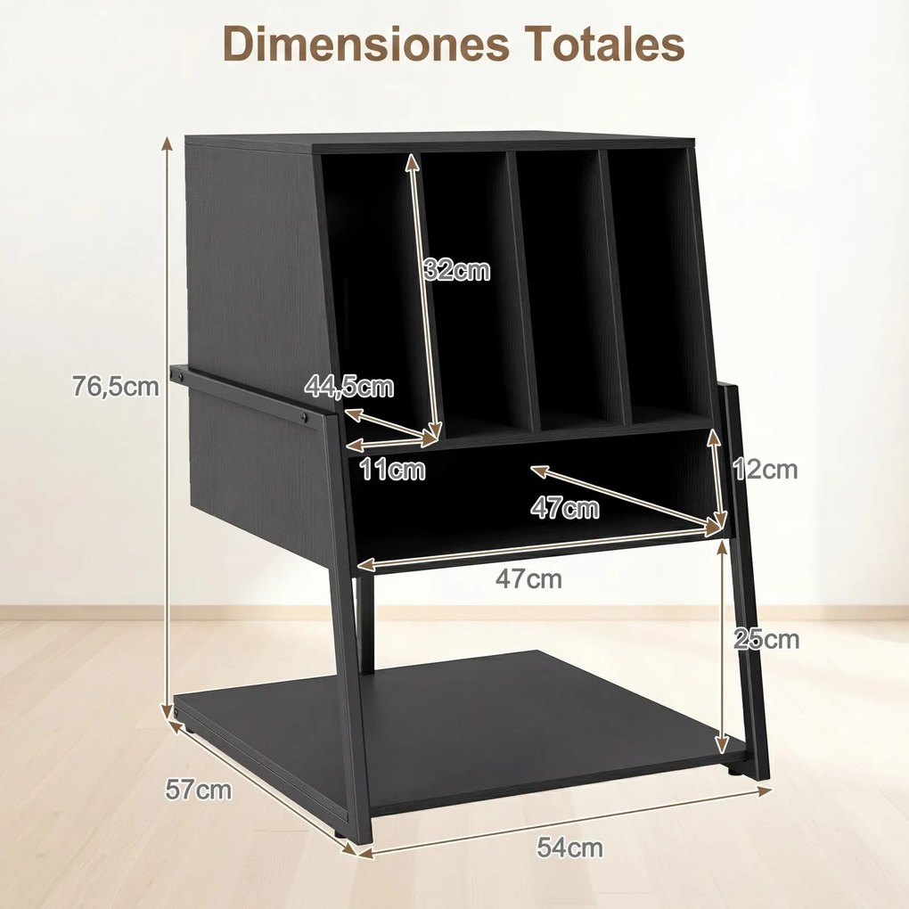 Móvel para gira-discos: estante para discos de vinil com pés ajustáveis 54 x 57 x 76,5 cm, em madeira preta, para a sala Preto