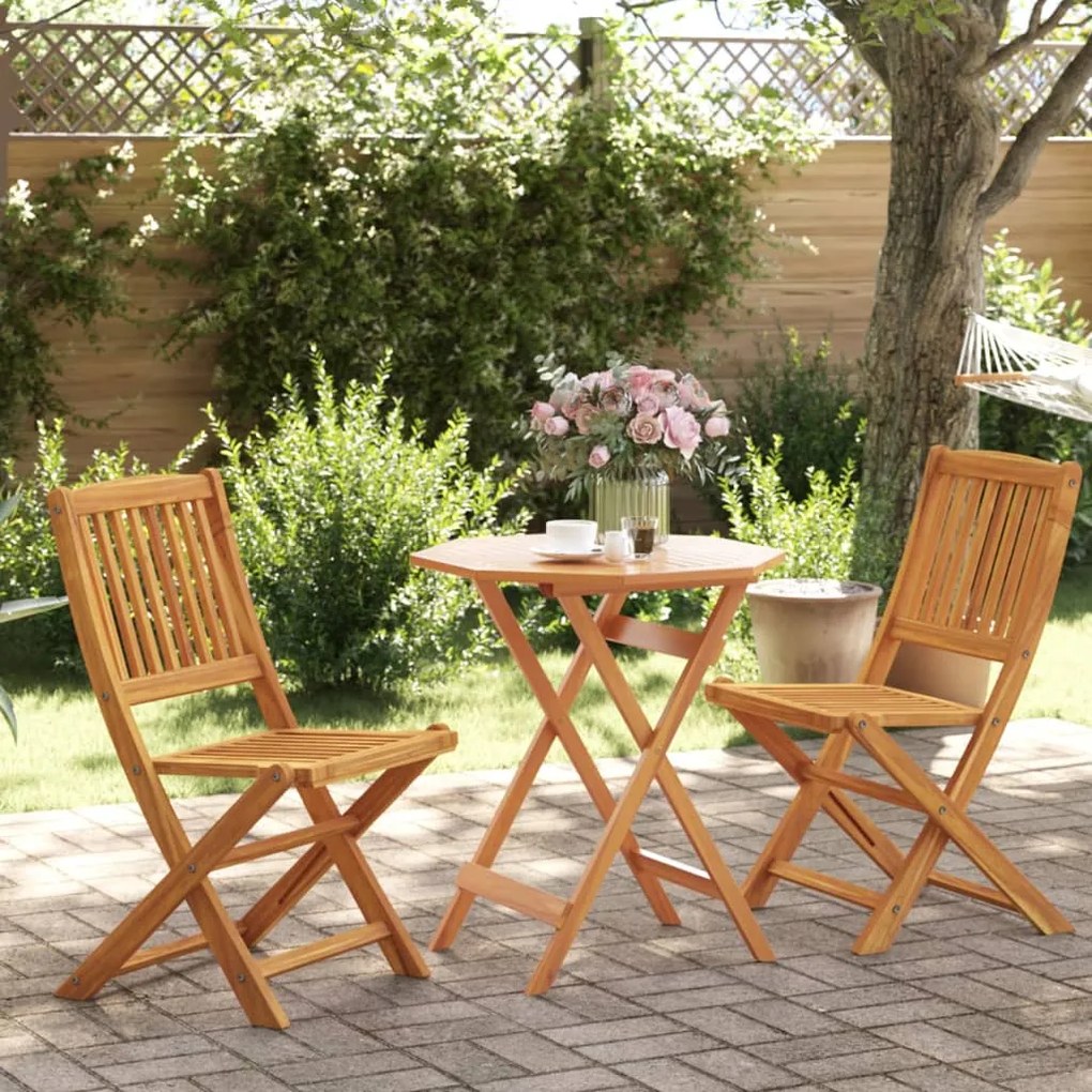 3 pcs conjunto de bistrô dobrável madeira de acácia maciça