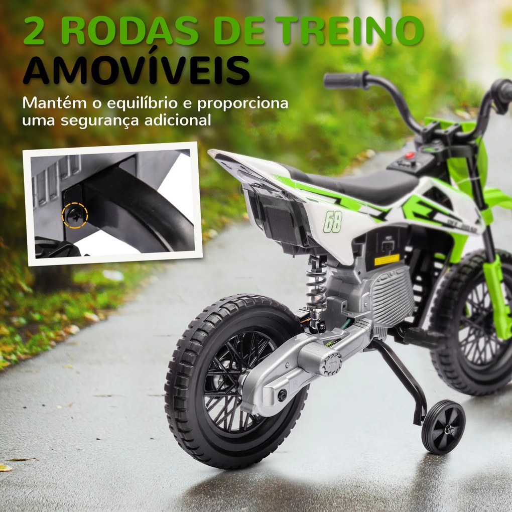 Mota Elétrica para Crianças 3 anos a 5/6 anos (até 30 kg) com Bateria 12V Música Velocidade 2,4-5 km/h e Rodas Auxiliares 107x56x70 cm Verde
