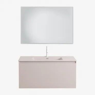 Conjunto De Móvel De Casa De Banho Suspenso Em Madeira Com Lavatório Integrado Macrae Crema Linho & Led Retangular E Anti-embaciamento 100x70 Cm Riben