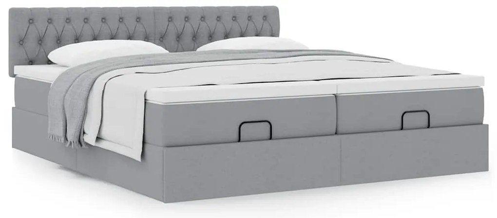 Estrutura de cama otomana com colchões tecido cinzento claro