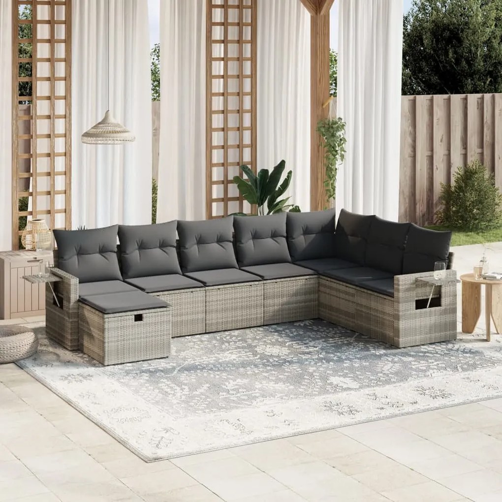 8 pcs conj. sofás jardim c/ almofadões vime PE cinzento-claro
