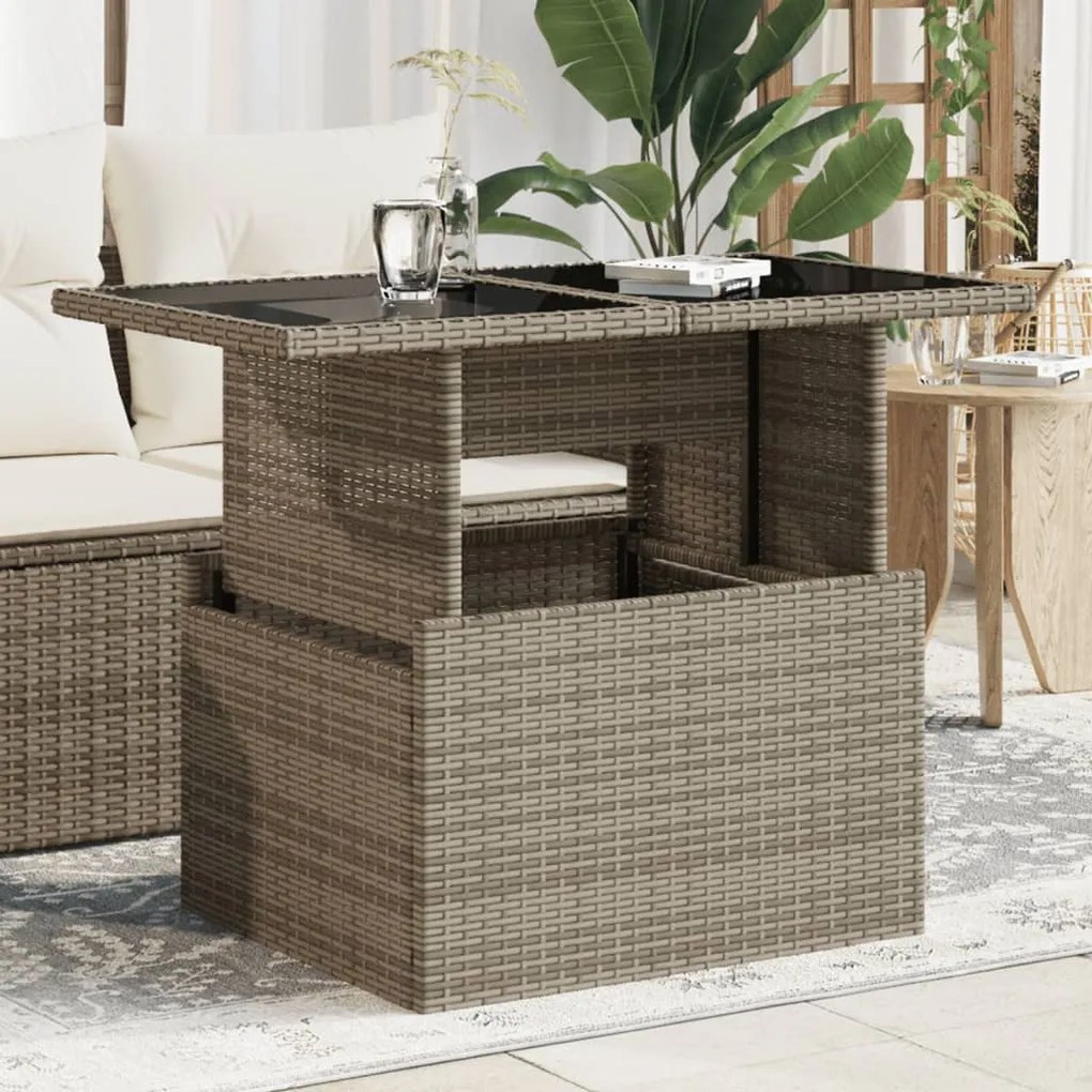 vidaXL Mesa de jardim com tampo de vidro 100x55x73 cm vime PE cinza