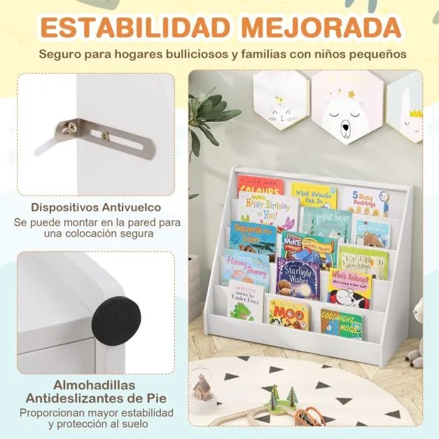 Estante infantil 91 x 38 x 76,5 cm de 5 níveis com pequeno porta-revistas para quarto infantil, sala de estar ou creche Branca