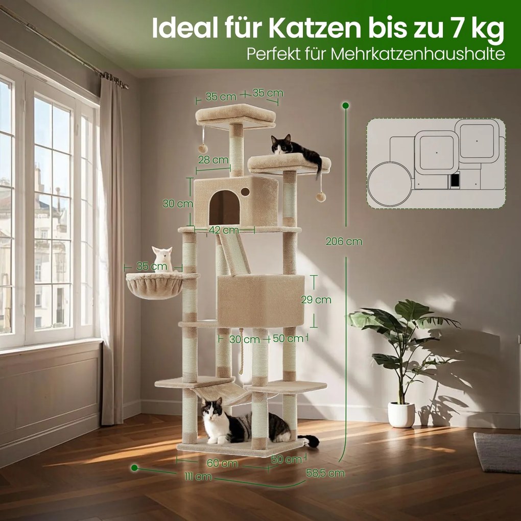 Arranhador para gatos com 13 colunas para arranhar 60 x 50 x 206 cm Castanho