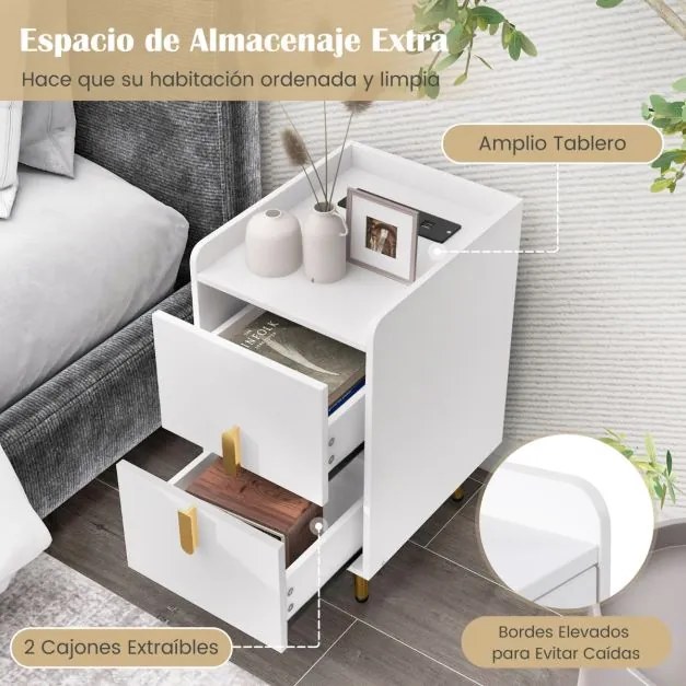 Mesa de cabeceira ou mesa apoio com 2 gavetas 40 x 32 x 60 cm e Estação de carregamento Pernas de metal resistentes branco