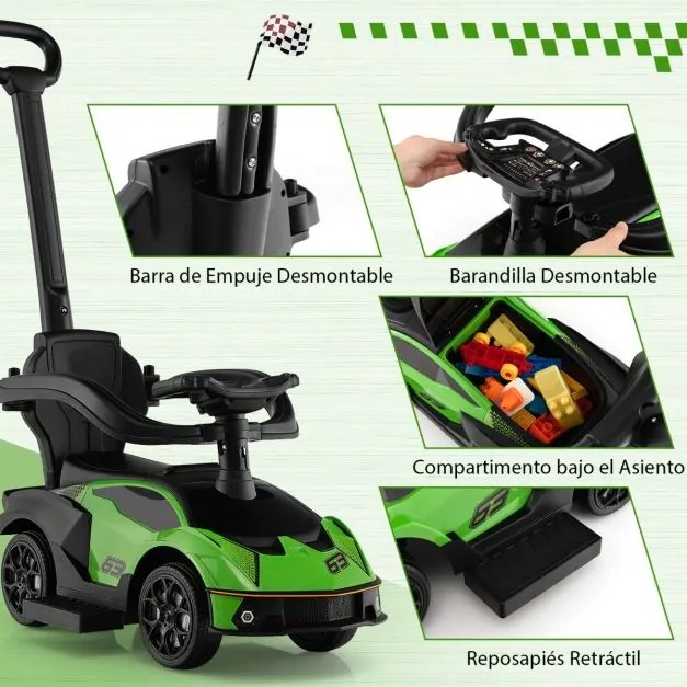 Carro de passeio 3 em 1 para crianças pequenas com licença oficial Lamborghini com sons de buzina e motor, grade removível verde