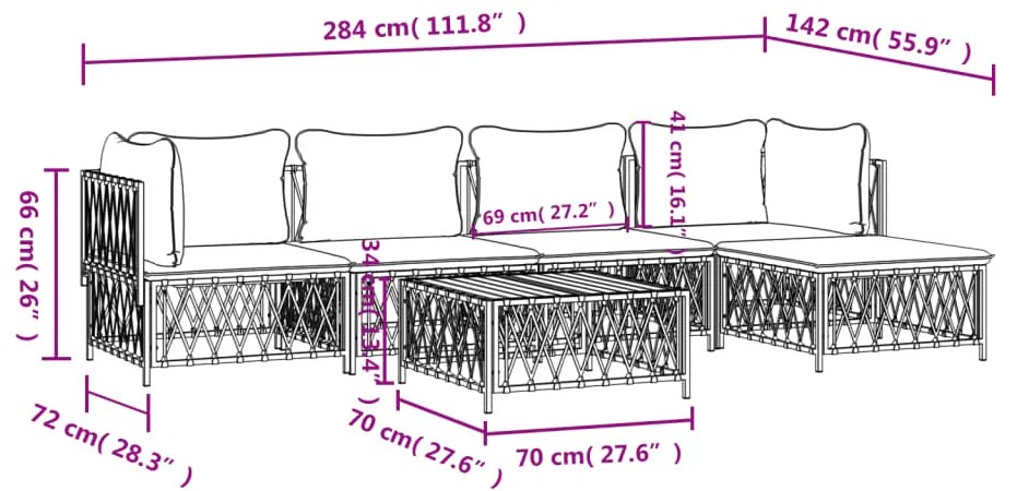 6 pcs conjunto lounge de jardim com almofadões aço branco