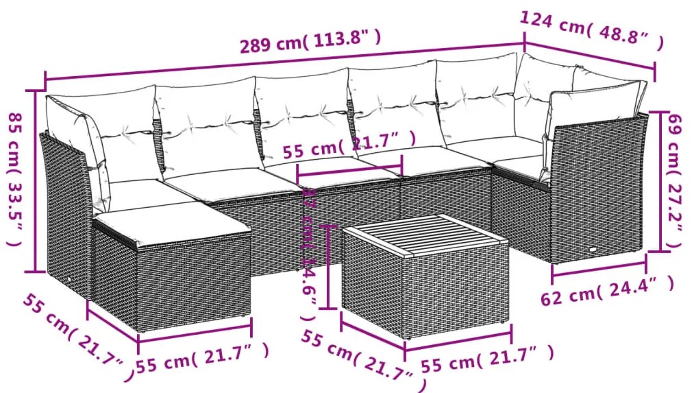 8 pcs conjunto sofás de jardim c/ almofadões vime PE cinzento