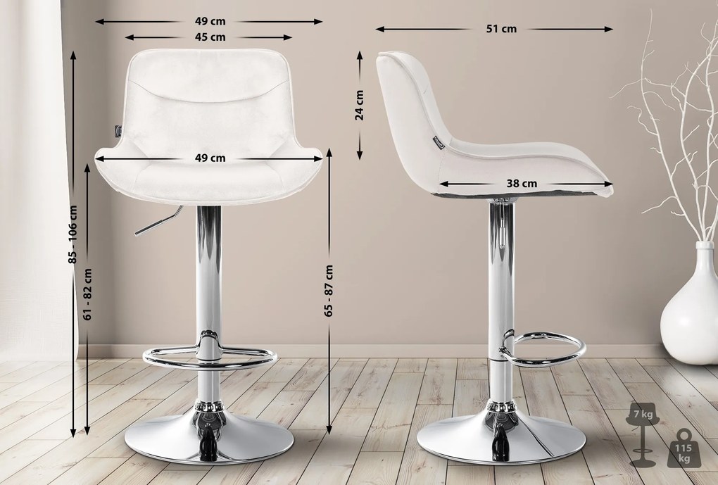 Banco alto em veludo com estrutura prateada 85-106 x 49 x 51 cm cor creme