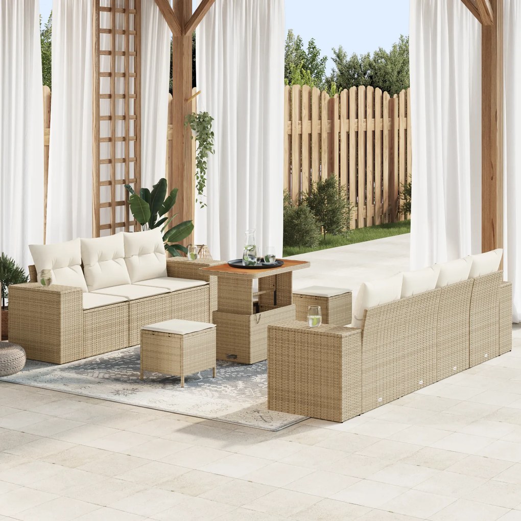 Conjunto de Sofá de Jardim vidaXL 10 Peças com Almofadas Bege Rattan S