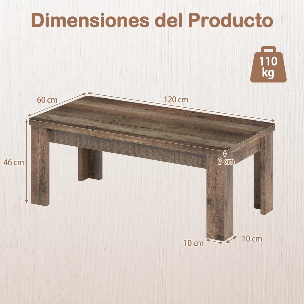 Mesa de Centro Retangular, 120 x 60 x 46 cm, Tampo com Textura Vintage, Castanho