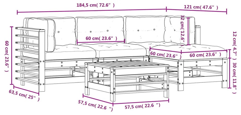 5 pcs conjunto lounge jardim com almofadões madeira maciça