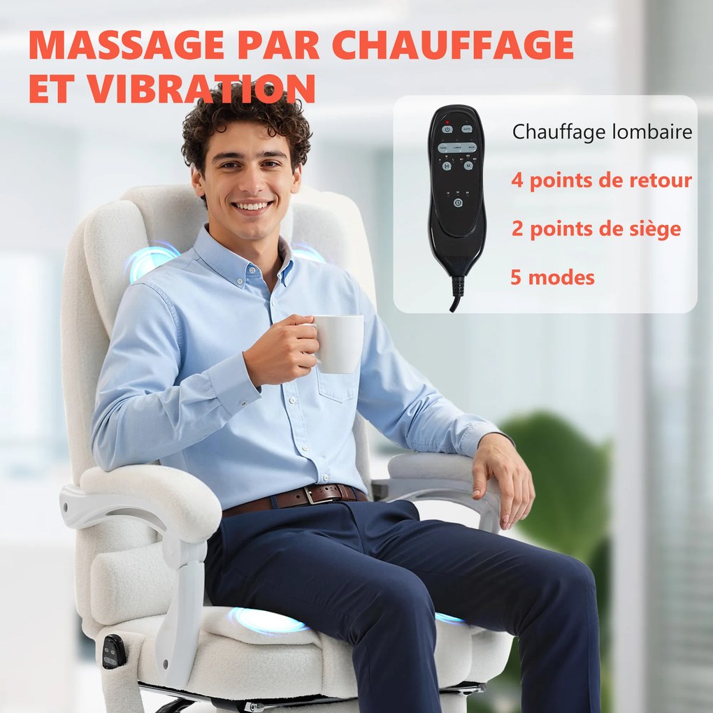 Cadeira de escritório executiva com função de massagem e aquecimento, altura ajustável, encosto reclinável, em tecido de linho branco