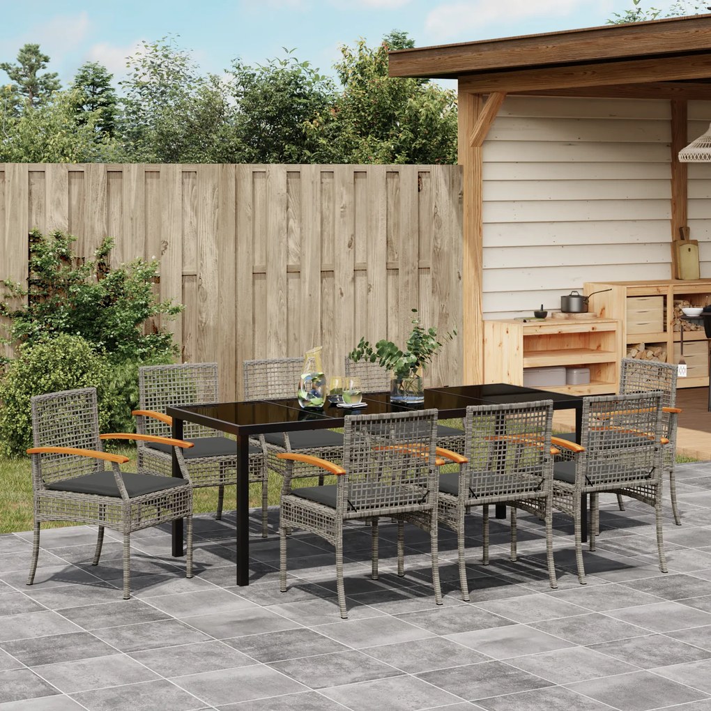 Conjunto de Jantar de Jardim 9 Peças com Almofadas Cinza Poli Rattan