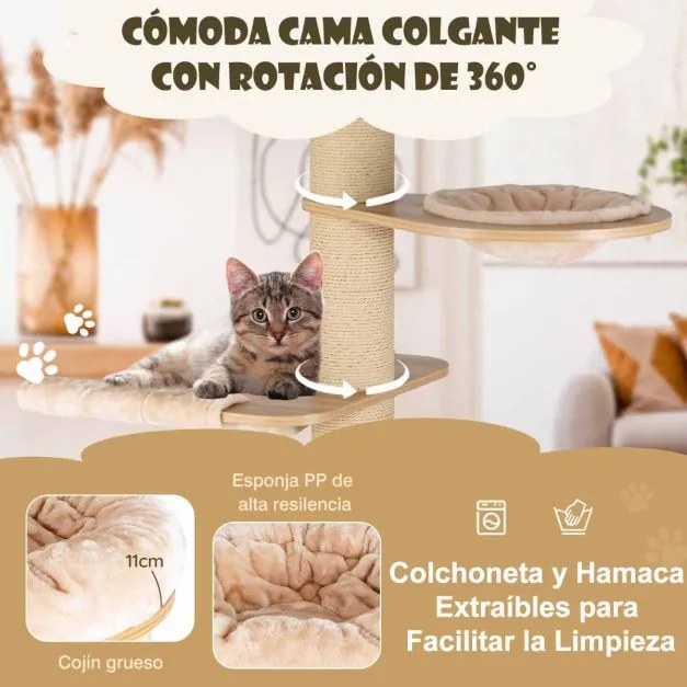 Arranhador para gatos Altura 191 cm Centro de atividades para gatos com poleiro espaçoso Rede postes para arranhar e tapetes laváveis Bege