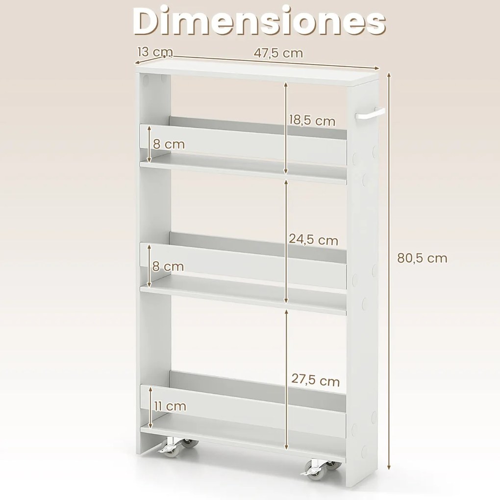 Carrinho de armazenamento estreito para cozinha com 4 prateleiras e rodas 48 x 13 x 81 cm Branco