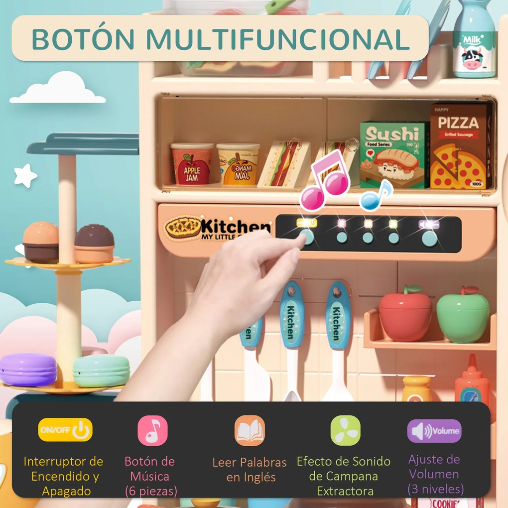 HOMCOM Cozinha de Brinquedo para Crianças acima de 3 Anos com Luz Sons Água Vapor Lousa 113 Acessórios Incluidos Cozinha Infantil Educativa 70x32x92,2cm Multicor