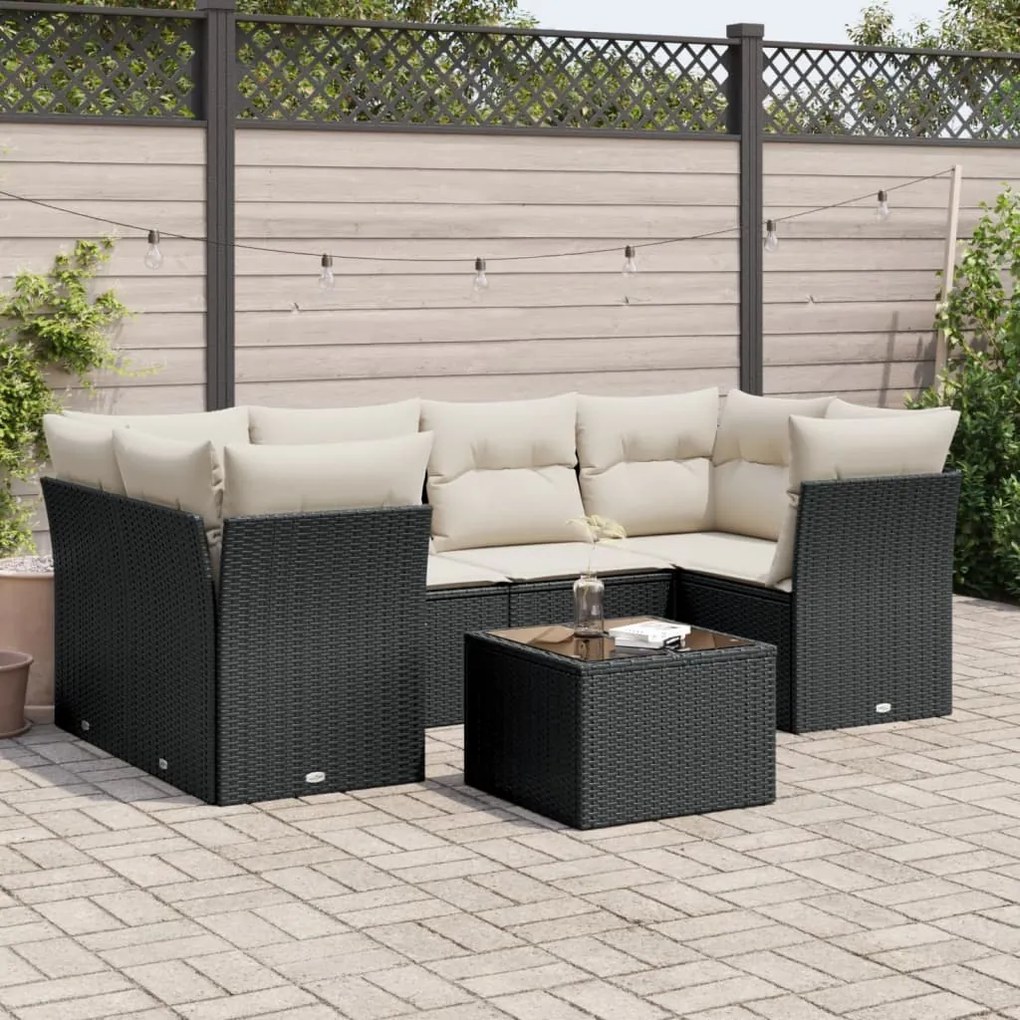 7 pcs conjunto de sofás p/ jardim c/ almofadões vime PE preto