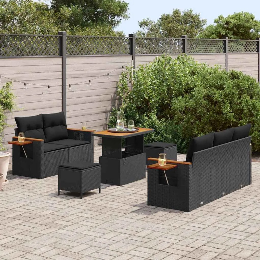 Conjunto de Sofás de Jardim de 8 Peças com Almofadas Preto Rattan Poli
