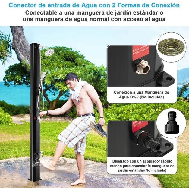 Chuveiro solar para exterior 216,5 cm 35 L com cabeça de chuveiro giratória e chuveiro de pés portátil com controlo de pressão e temperatura para a pr