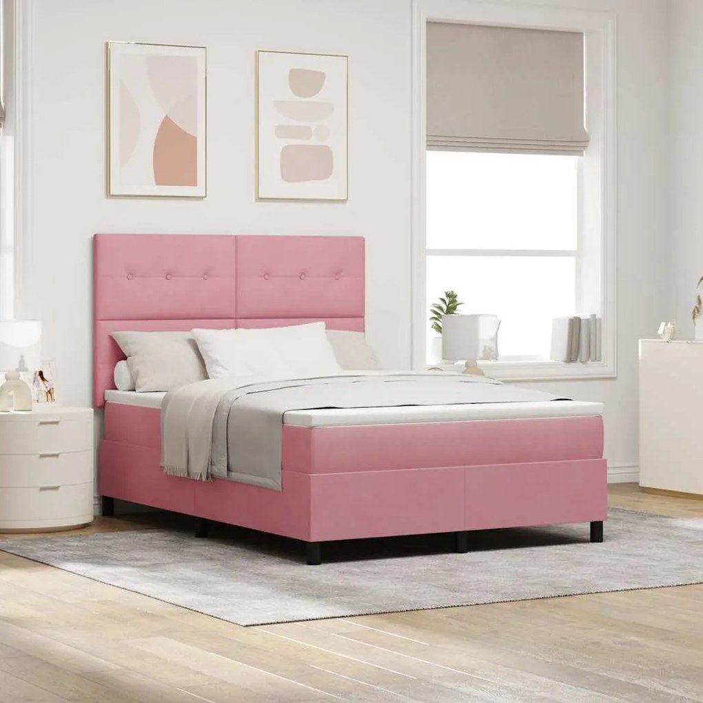 vidaXL Cama Box com colchão com cabeceira Rosa 140 x 190 cm tecido