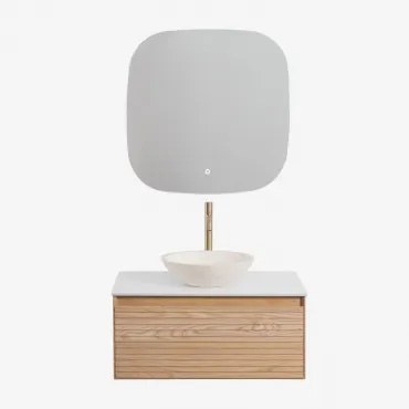 Conjunto De Móvel De Casa De Banho Suspenso Em Madeira De Freixo Tedrik Castanho Fresno & Cimento Redondo Branco Ø40 Cm Zavion & Quadrado - Sklum