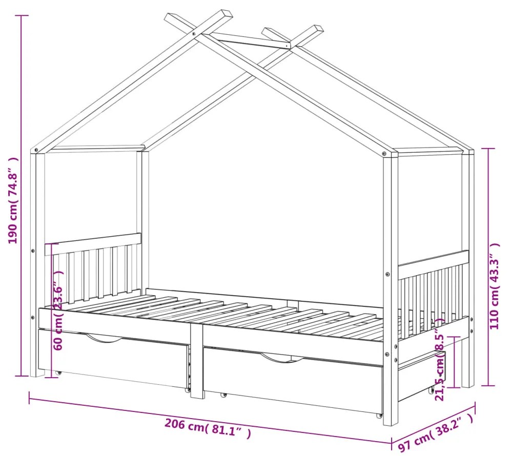 Cama para crianças c/ gavetas 90x200 cm pinho maciço branco