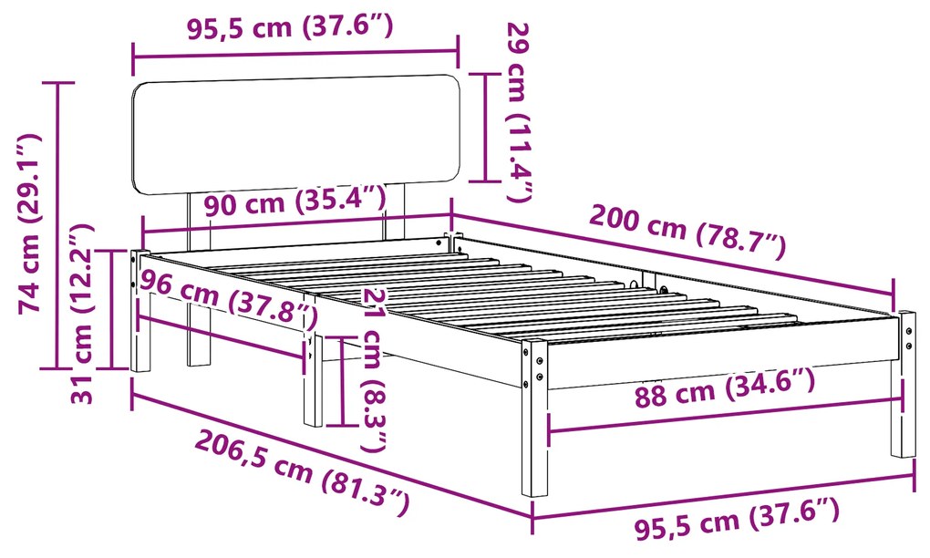 Estrado de Cama com Cabeceira Branca 90x200 cm Madeira de Pinho Maciça