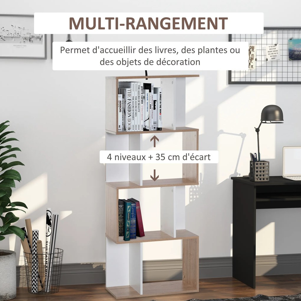 Estante de 4 níveis, móvel de arrumação em forma de S com prateleiras, estante para sala de estar, quarto ou escritório, 60 x 24 x 148 cm, madeira nat