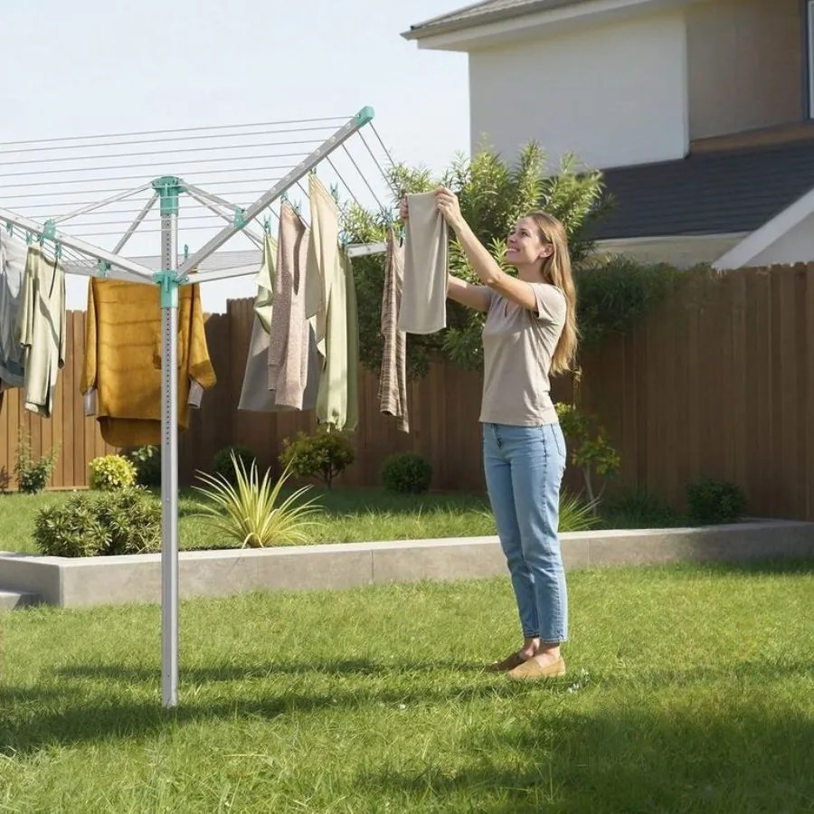 Estendal de roupa com altura ajustável 139,4 x 139,4 x (120-180) cm e fixação ao chão para 4 cargas de roupa, prateado-verde