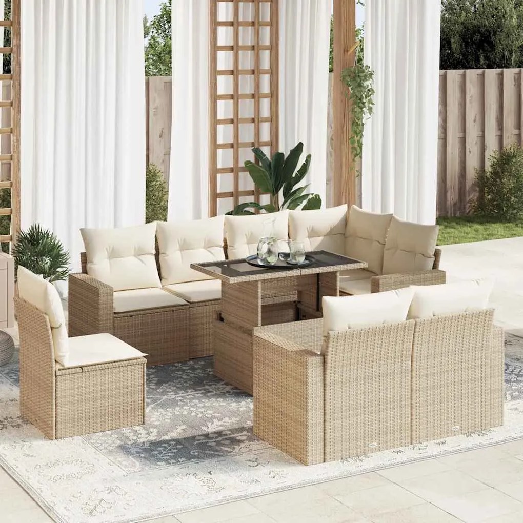 vidaXL 9 pcs conjunto de sofás p/ jardim com almofadões vime PE bege