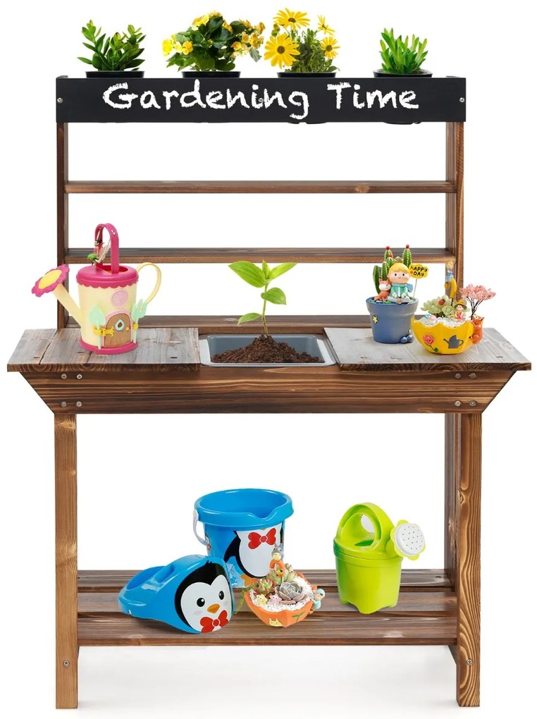 Mesa de jardim para crianças de abeto para crianças dos 3 aos 7 anos com pia amovível 4 vasos Quadro negro adicional Jardim